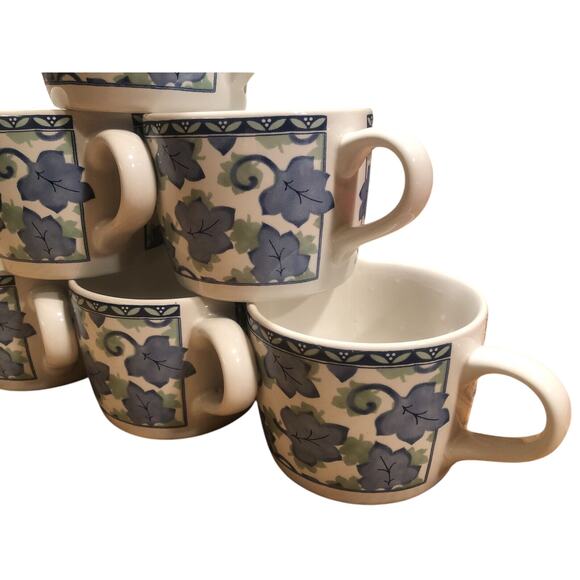 Pfaltzgraff BLUE ISLE Set of SIX 6 Flat COFFEE CUPS blue green leaves EXCELLENT - Picture 4 of 8